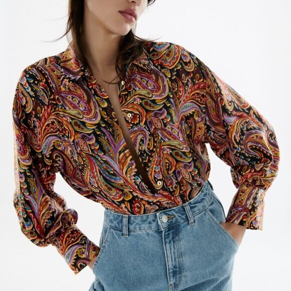 Retro ZARA Oversized Paisley Satin Blouse (M) - Picture 1 of 14